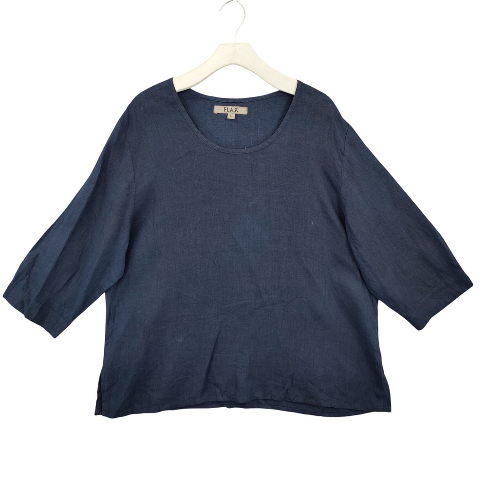FLAX Womens Lagenlook Coastal 100% Linen Top Large Navy Blue Boxy Blouse